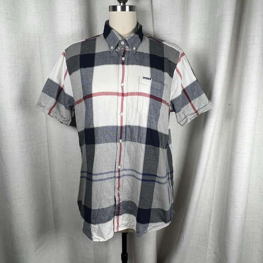 Barbour Doughill Cotton Linen Bleached Pine Tartan Button-Down Shirt Mens Medium